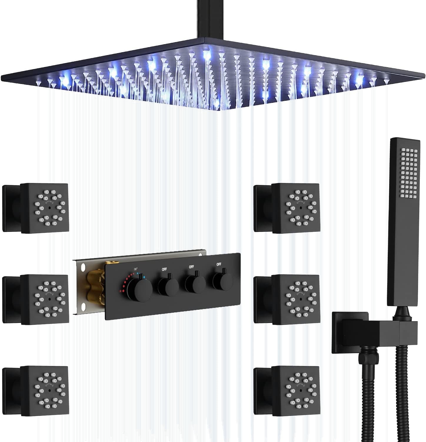 KATAIS Bathroom Shower Faucet Set Matte Black Shower System, 16 Inch Rain Head Full Body Shower System in Wall with Thermostatic Shower Valve Trim Kit, Large flow(Can Use All Options at A Time)