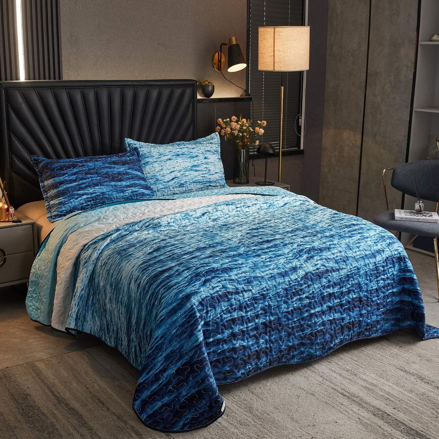 LAMEJOR Quilt Set Queen Size 3-Piece 3D Ocean Waves Pattern Lightweight Bedspread Comforter Coverlet Set Microfiber