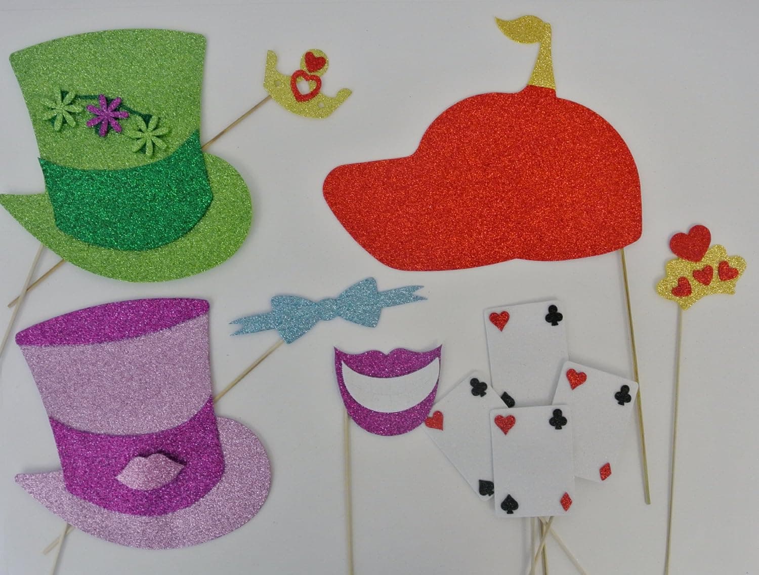 8 Pc Photo Booth Party Props Mustache on a Stick Alice in Wonderland Inspired Photo Booth Party Props Mustache on a Stick. Queen Mad Hatter Cards Alice Blue Bow