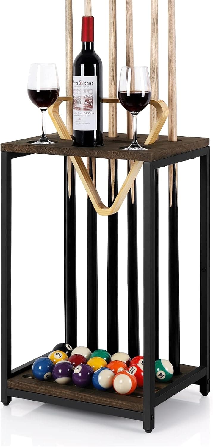 smusei Pool Stick Holder Pool Cue Rack Pool Cue Stick Holder Wood Billiard Stick Holder Pool Table Accessories for Billiard Room Game Room Club Holds 6 Cues, Floor Stand, Deep Brown
