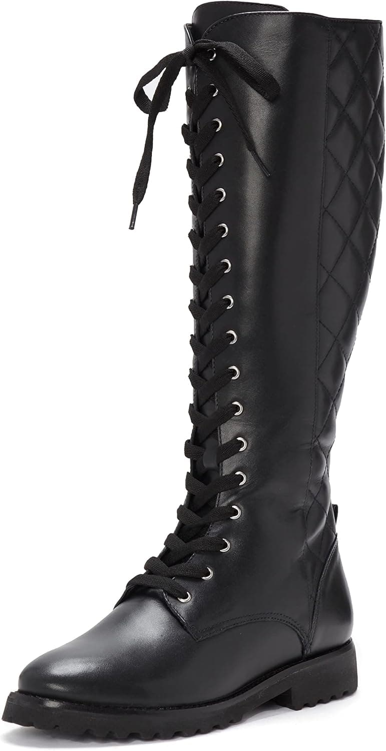 Vince Camuto Vicintia Black Lace Up Quilted Knee High Moto Combat Riding Boot