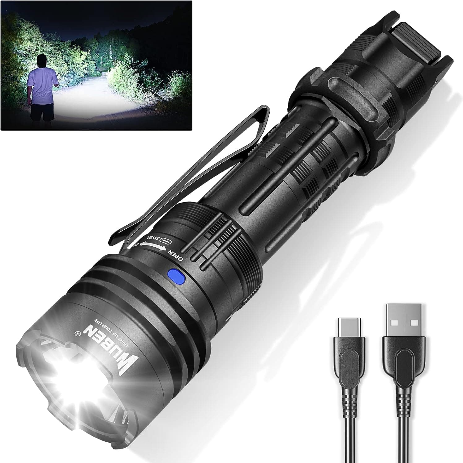 WUBEN T1 Tactical Flashlights 2000 High Lumens, Rechargeable Flashlight 498 Meters Long Beam Distance, Handheld Flash Light with Tactical Tail Button for Tactical Gear, Suvival, Emergencies, Outdoor