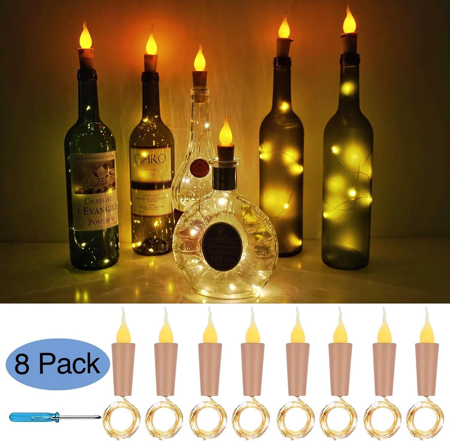 Flame Cork Lights for Wine Bottle 8 Pack Battery Operated LED Candle Flameless Tealight Cork Fairy Mini String Flame Cork Light for Party Christmas Halloween Wedding DIY Decor (Candle Top)