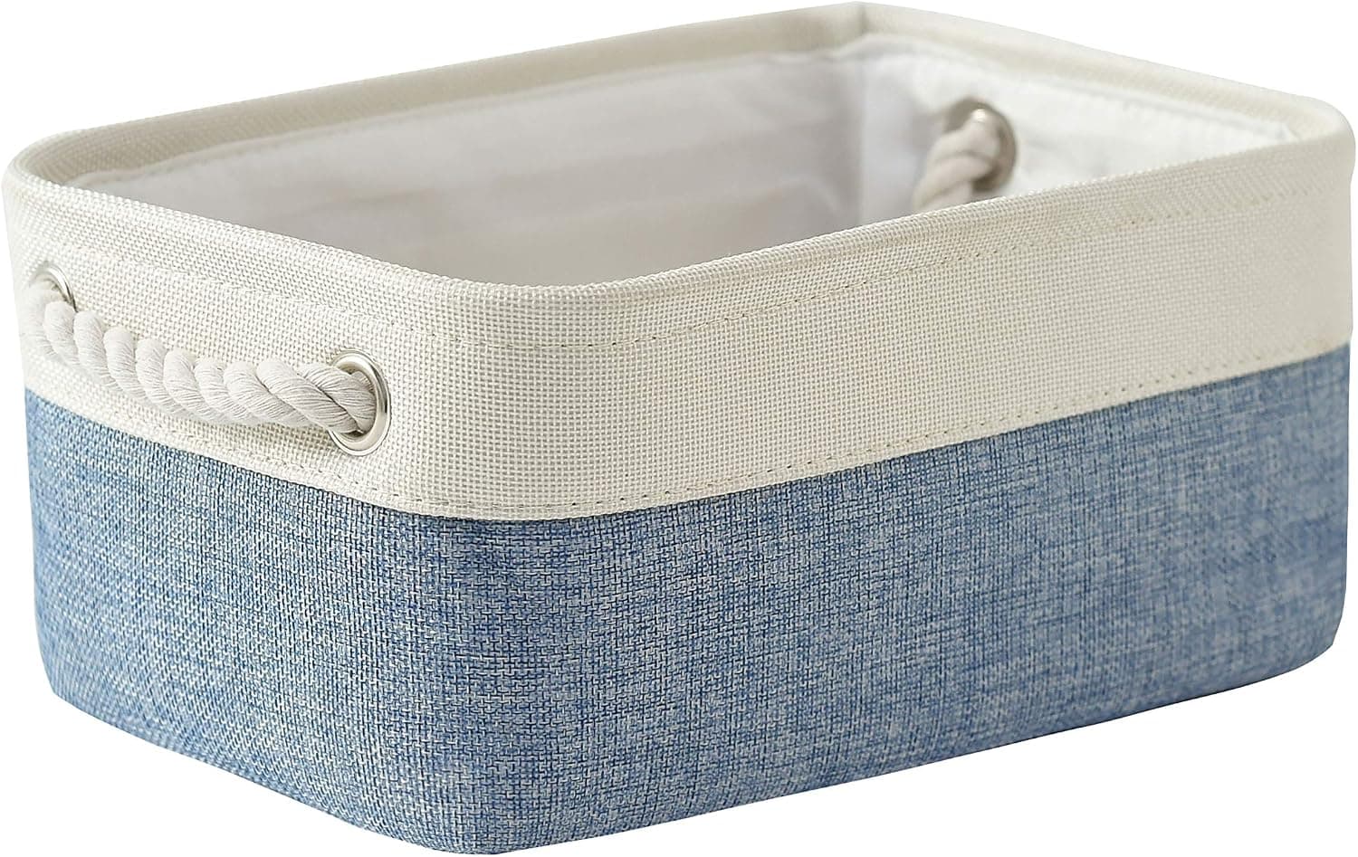 Small Storage Basket Shelf Basket Fabric Collapsible Organizer Bin Basket Storage Empty Gift Basket with Rope Handles Fabric Bin for Linens, Towels, Toys, Clothes (White&Blue,11.8Lx7.9Wx5.2H inch)