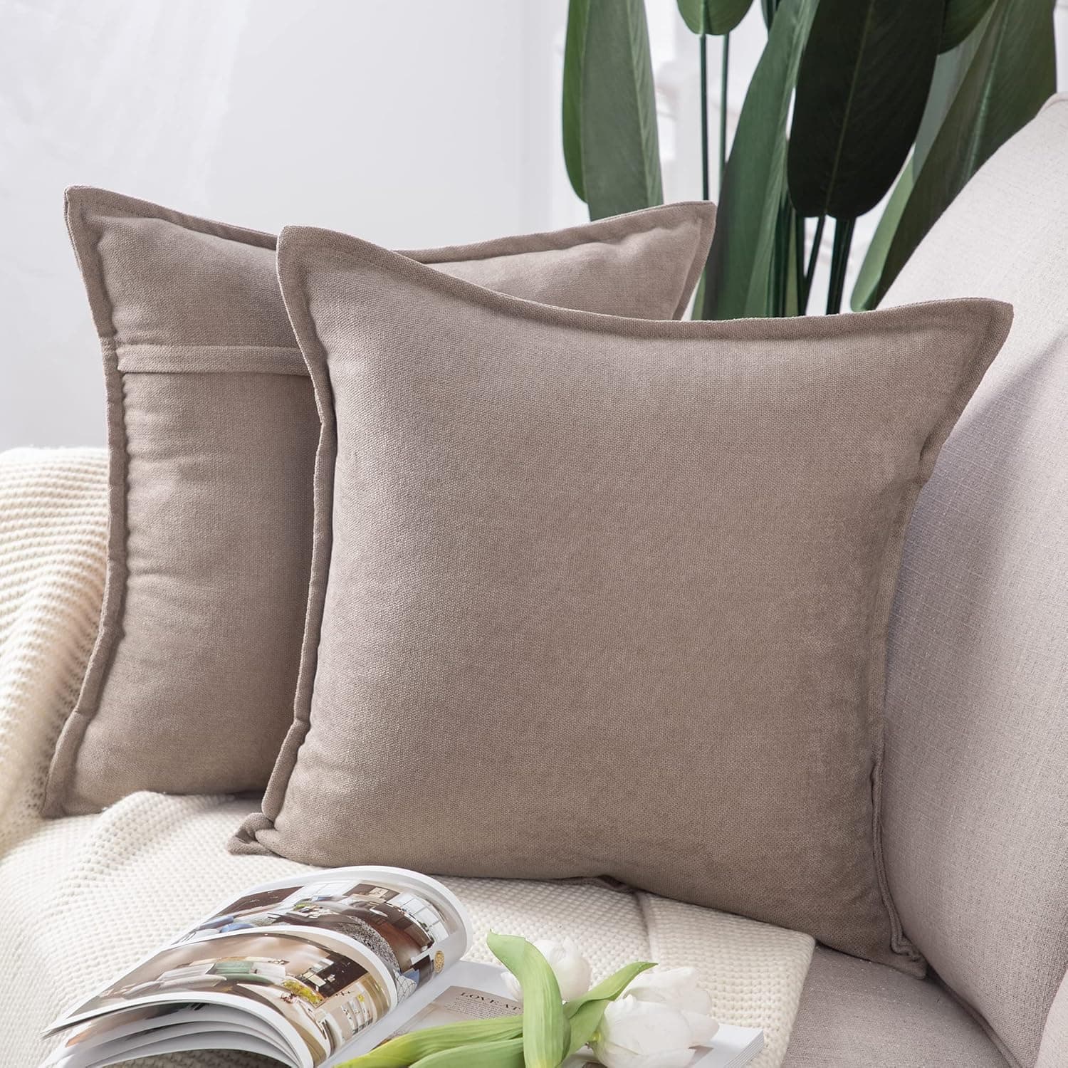 MADIZZ Set of 2 Short Chenille Throw Pillow Covers 22x22 Inch Light Taupe Soft Decorative Cushion Cover for Sofa Bedroom Pillow Shell