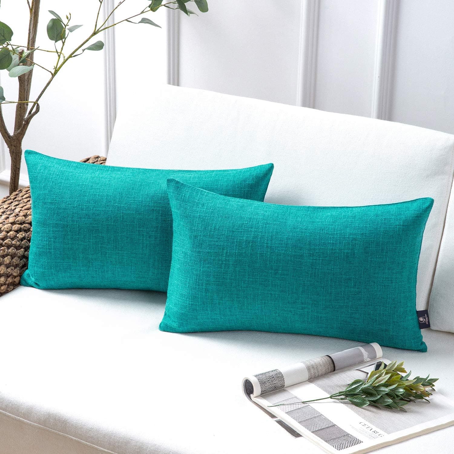 Phantoscope Throw Pillow Cover Textured Faux Linen Series Decorative Cushion Covers for Home Decor Sofa Pack of 2, Lake Blue 12 x 20 inches 30 x 50 cm