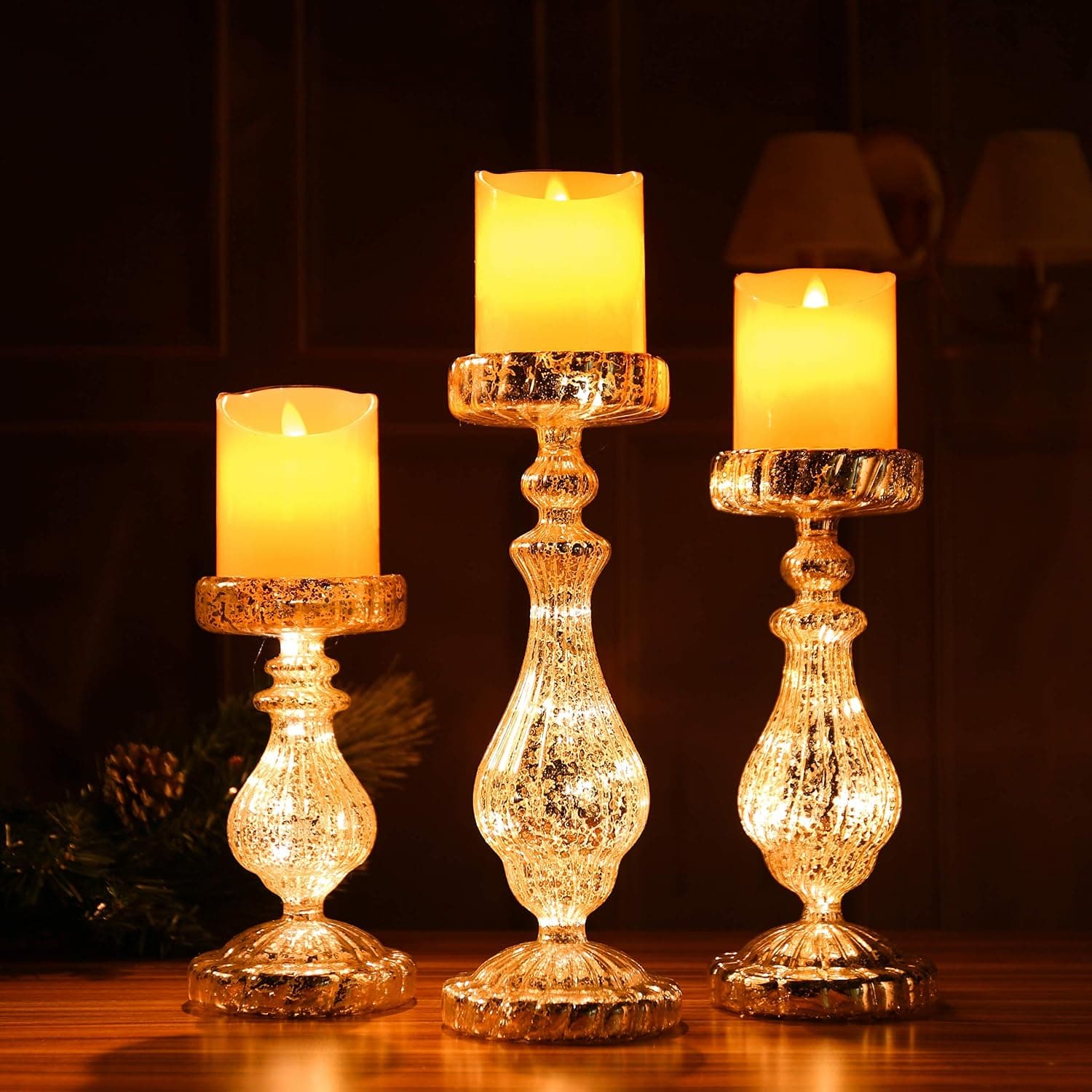 Candle Holders Set of 3 Christmas LED Handmade Glass Lighted Candle Holders Mercury Antique Silver Vintage Gift Present Ornament 3 Pieces Mouth Blown Decoration for Window Tabletop Mantel Shelf