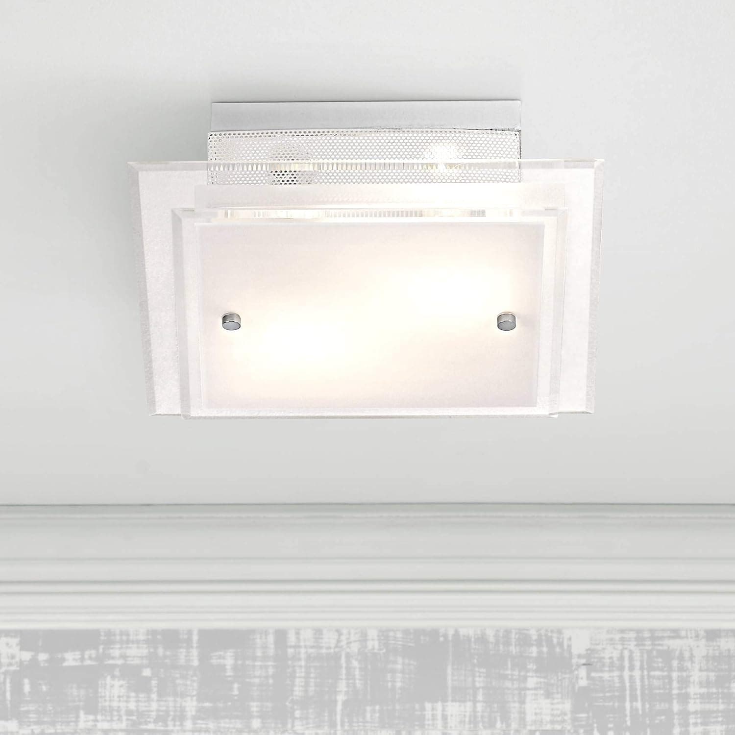 Possini Euro Design Modern Ceiling Light Flush-Mount Fixture 11 3/4" Wide Chrome 2-Light Square Frosted Glass White Mesh for Bedroom Kitchen Living Room Hallway Dining Bathroom Schoolhouse House
