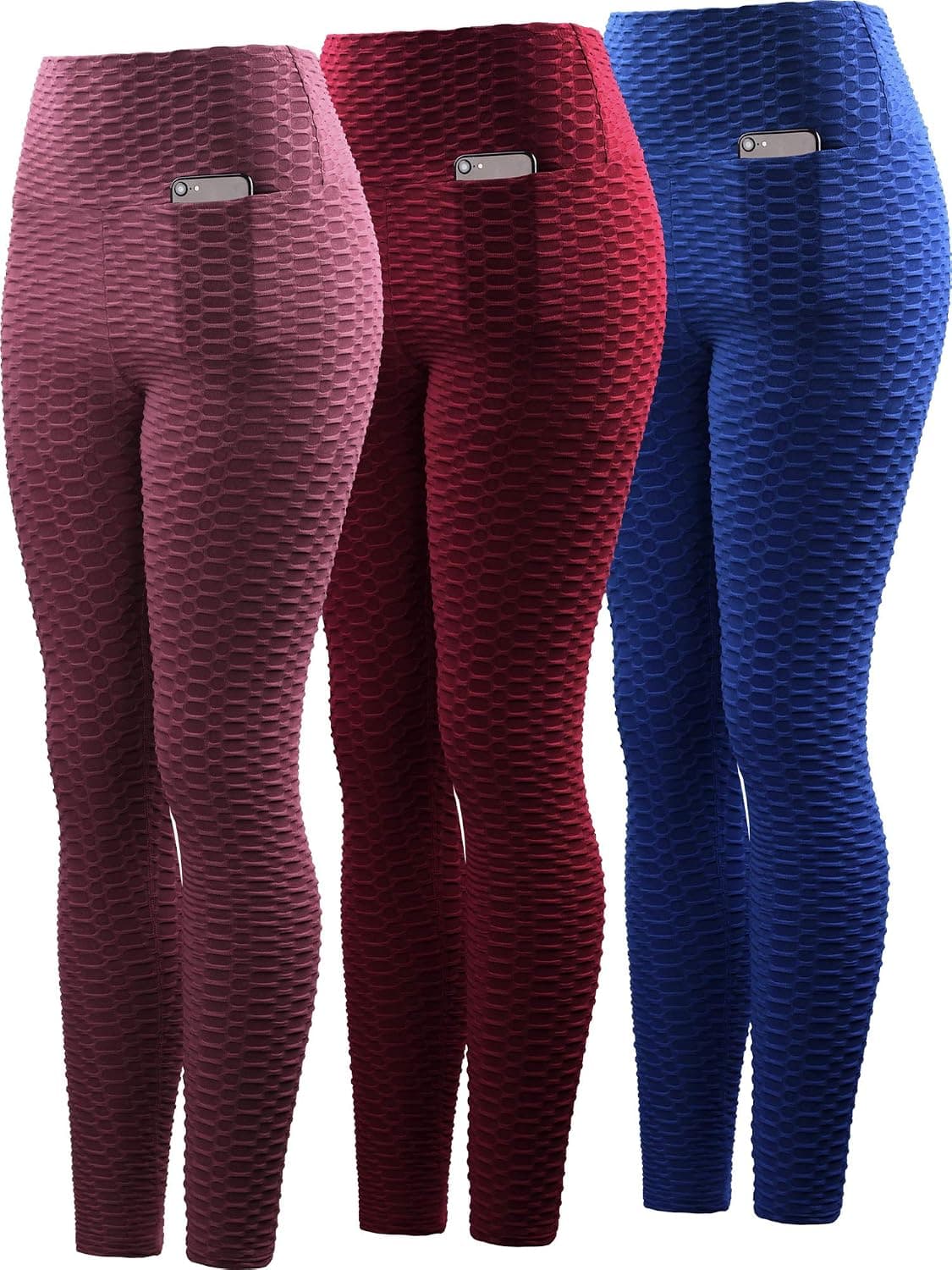 Neleus Women's 3 Pack High Waist Yoga Pants Tummy Control Running Workout Leggings with Pocket,9036,Blue/Red/Maroon,L,EU XL