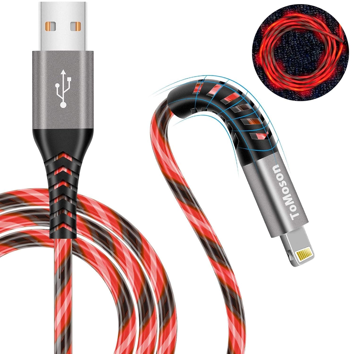LED iPhone Charger Cord Light Up Lightning Cable | MFi Certified Apple Charger | Cool USB Fast Charging for iPhone 12 11 Pro Max XR X SE 8 Plus, iPad iPod and More (Red, 6ft)