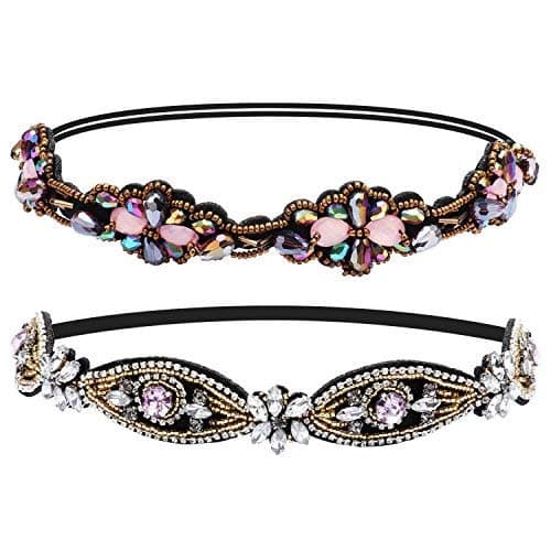 Amariver 2 Pieces Rhinestone Beaded Elastic Headband，Fashion Headbands Handmade Hair Bands Hair Accessories for Lady Woman 20-25" Fits for Most