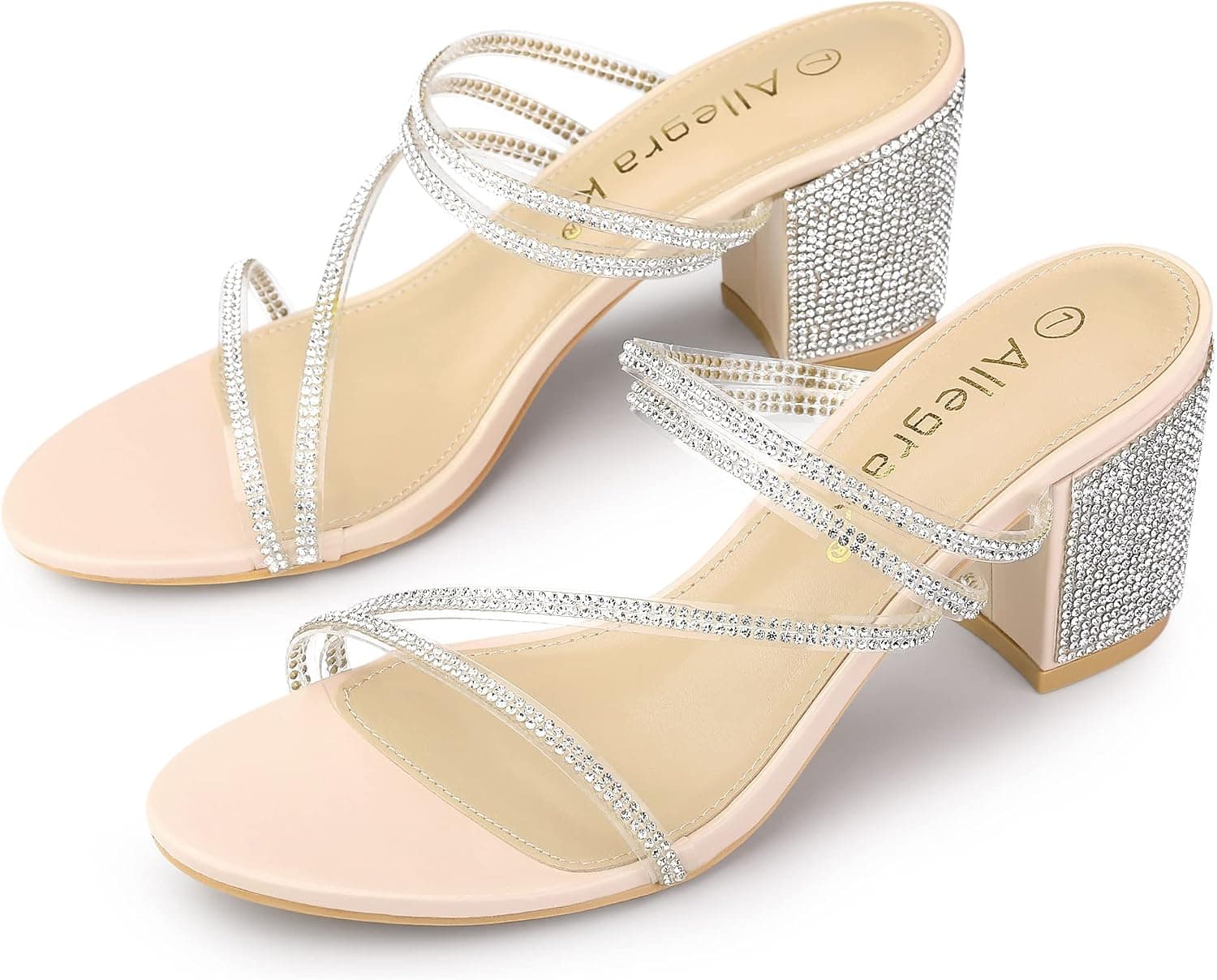 Allegra K Women's Strappy Rhinestone Block Heel Slide Sandals