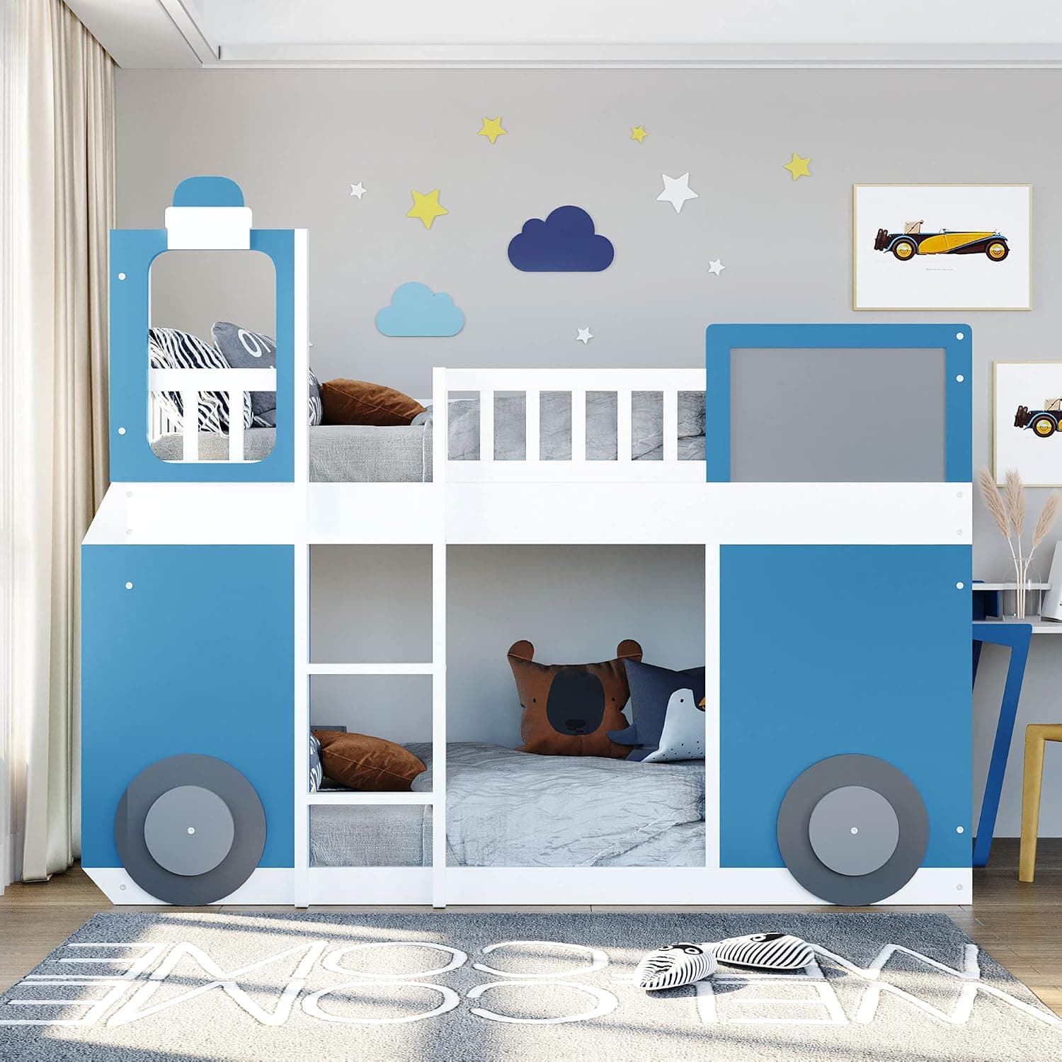 SOFTSEA Twin Bunk Bed for Kids, Wood Train-Shape Bed Frame with Ladder Fence for Bedroom Living Room, Blue