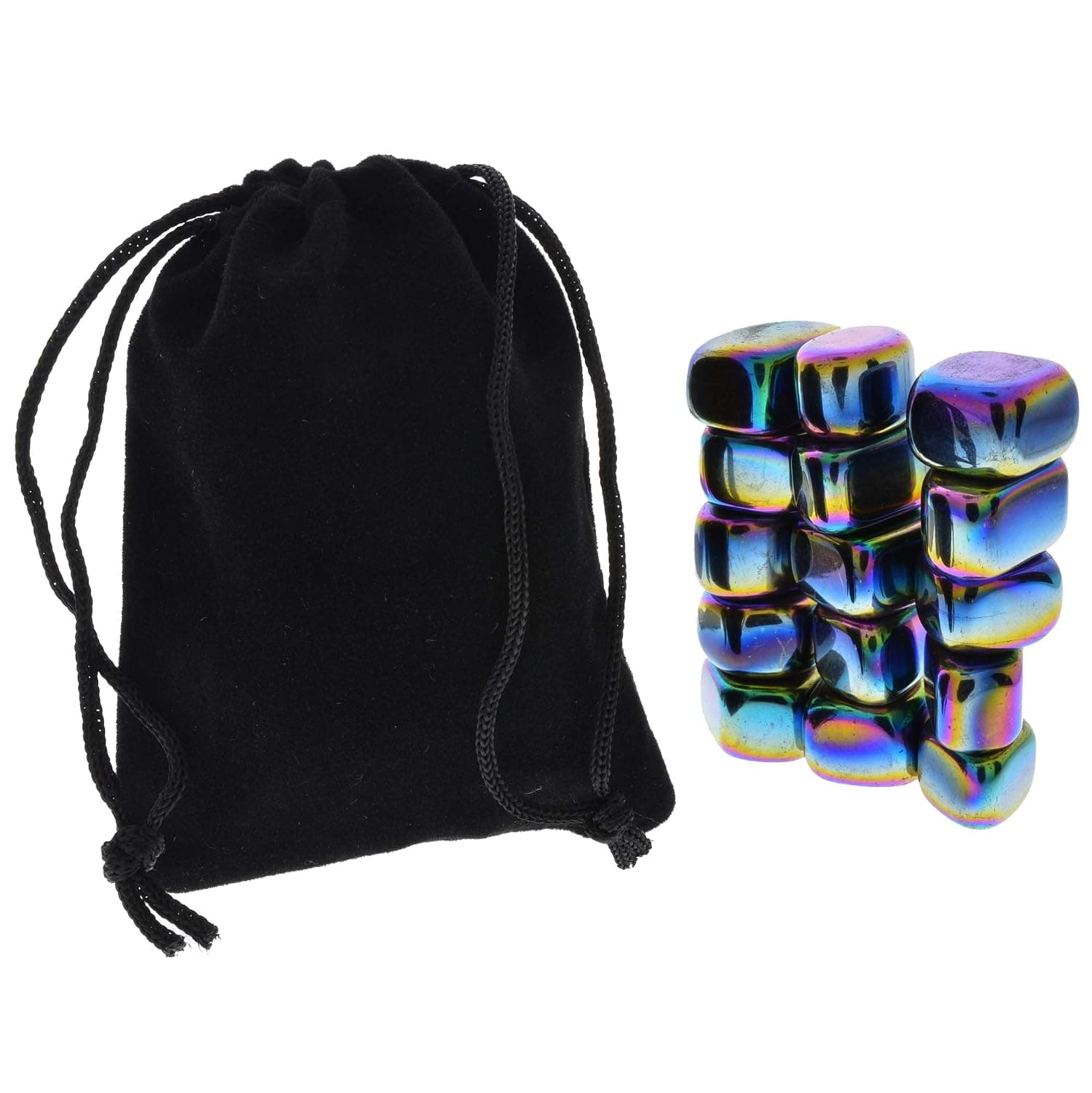 Fantasia Materials: 15 pcs Small Rainbow Magnetic Hematite Tumbled Stones in Velveteen Bag - Bulk Ferrite Magnets for Crafts, Science, Hobbies, Refrigerator, Whiteboard, Manufacturing and More!
