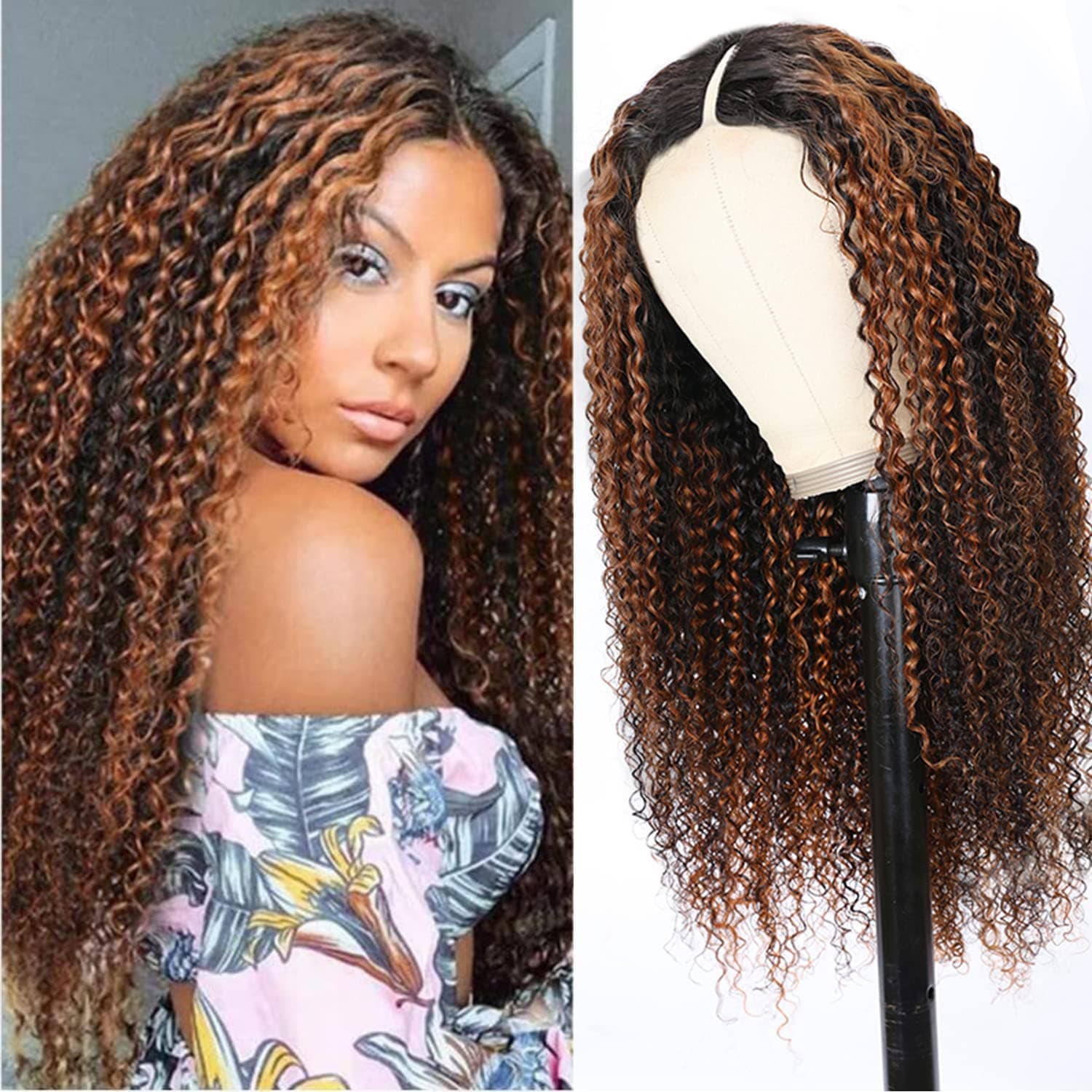 Goldfinch Ombre V Part Wig Human Hair Highlight Brown Curly V Part Wig No Leave Out Upgrade Thin U Part Wig 150% Density Beginner Friendly No Glue No Sew In 24 Inch