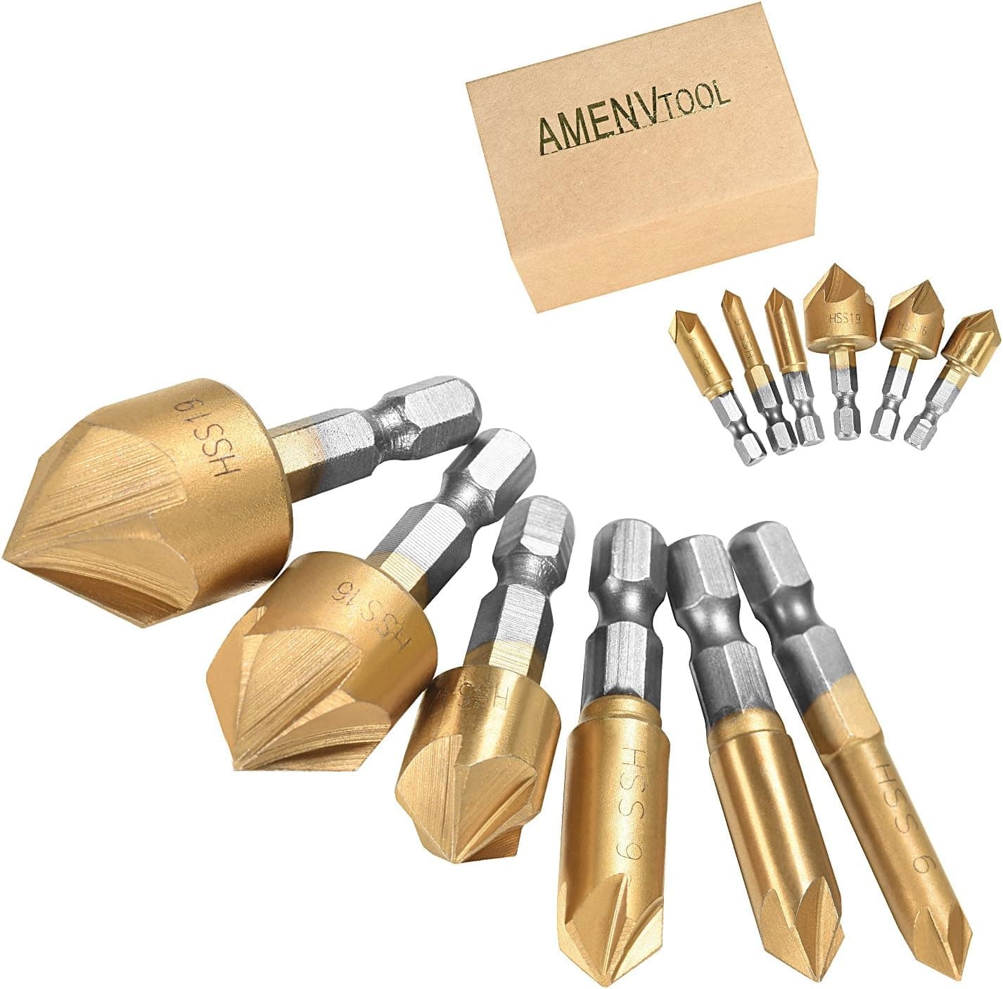 Countersink Drill Bit, AMENVTOOL Countersink Drill Bit Set 6 Pcs 1/4'' Hex Shank HSS 5 Flute Countersink 90 Degree Center Punch Tool Sets For Wood Quick Change Bit 6mm-19mm Best Gift of Father's Day