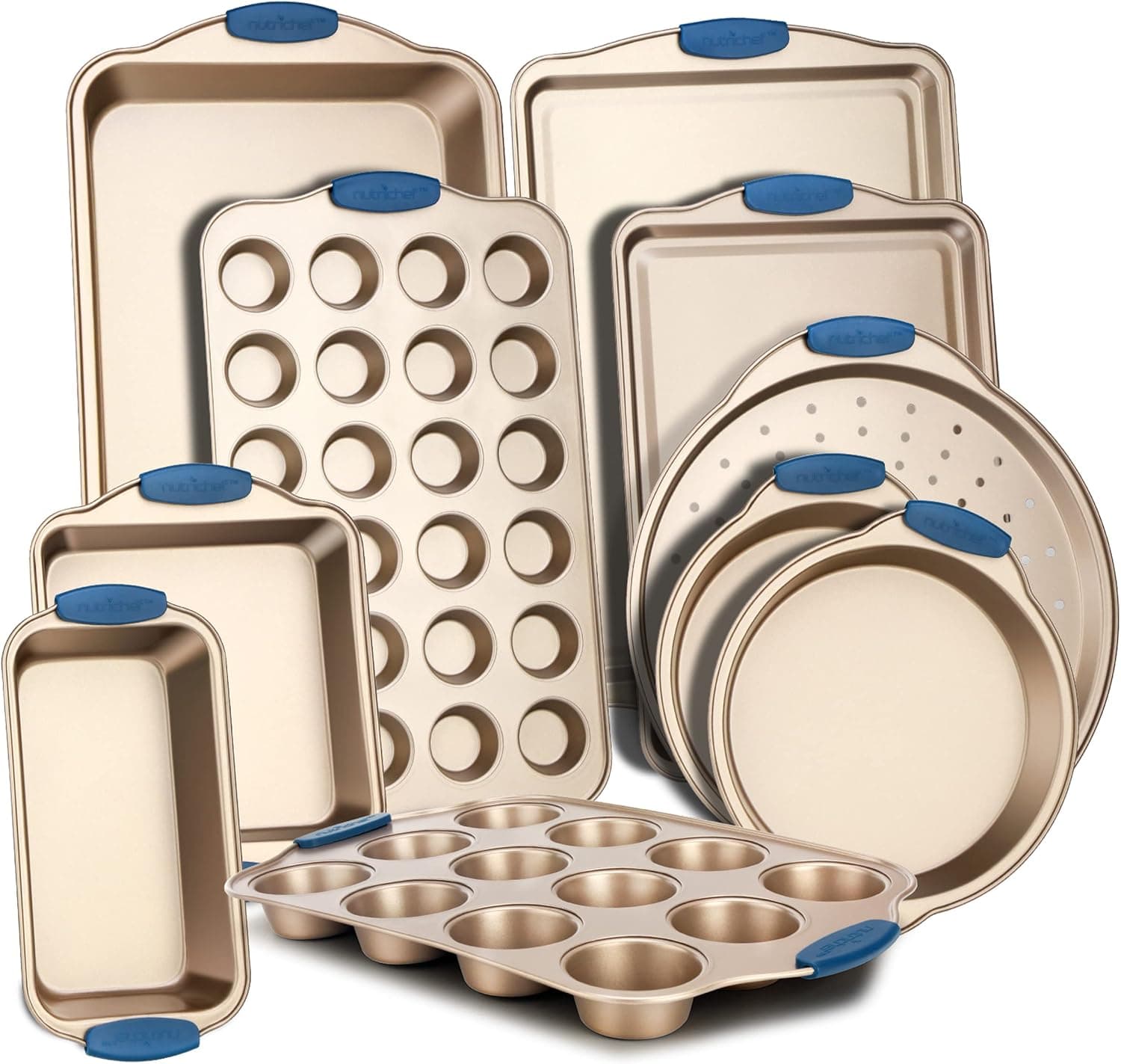 NutriChefKitchen 10-Piece Nonstick Bakeware Set - PTFE-Free Carbon Steel Baking Trays w/Heatsafe Blue Silicone Handles, Oven Safe Up to 450°F, Pizza Loaf Muffin Round/Square Pans, Cookie Sheets