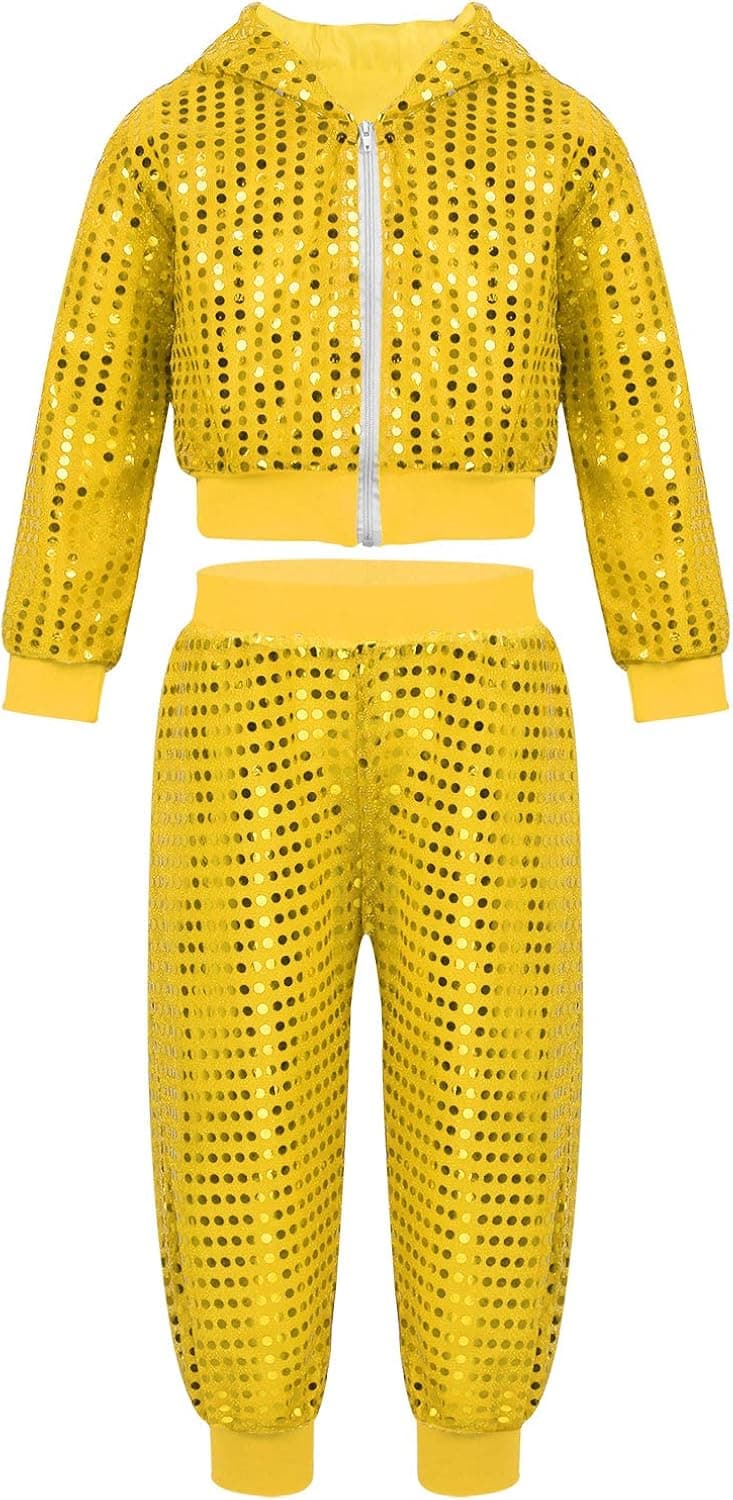 iEFiEL Girls Boy's Hip-hop Jazz Performance Costume Street Dance Outfits Sequins Jacket Coat Hooded Tops Pants Set