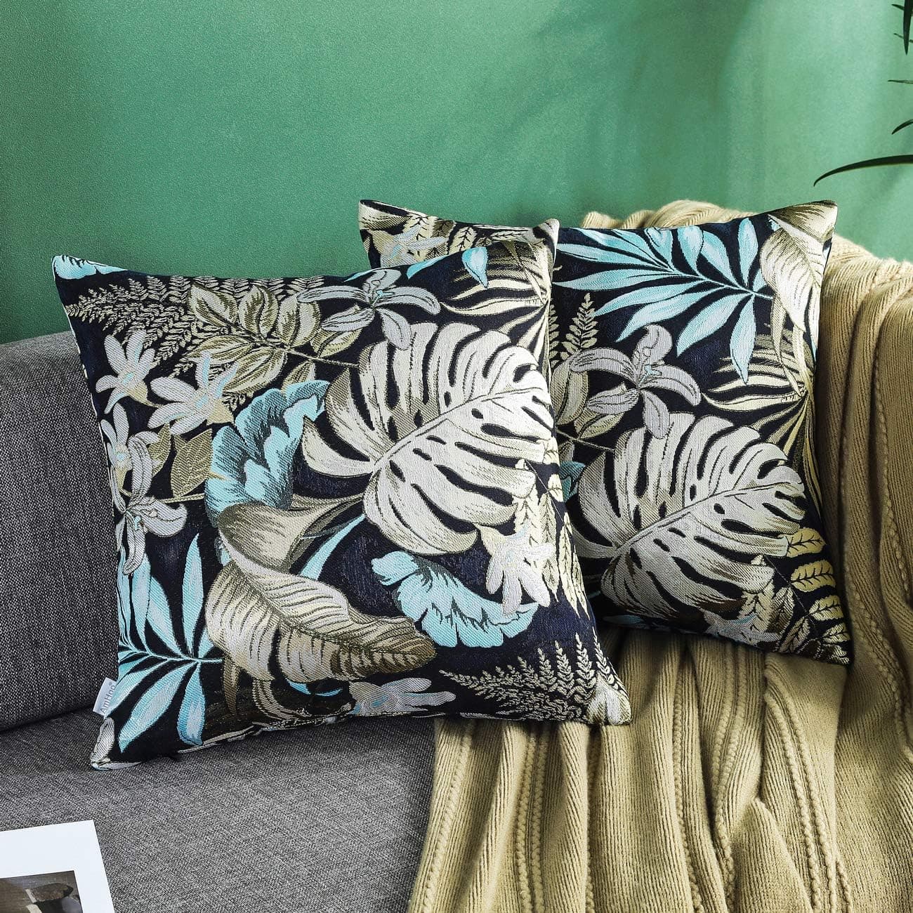 AmHoo Pack of 2 Tropical Leaves Throw Pillow Covers Plants Home Decorative Plants Nordic Style Square Cushion Cover 20x20Inch Blue