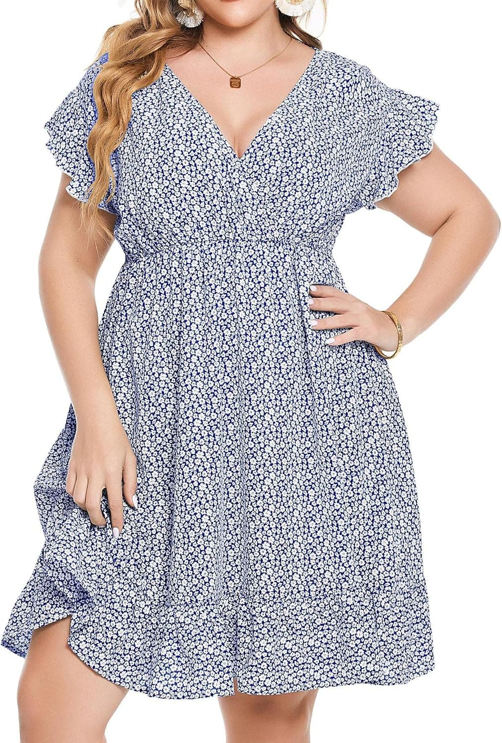 IN'VOLAND Plus Size Summer Boho Dress Ruffle Floral Printed V Neck Short Sleeve Casual High Waist Beach Flowy Mini Dress