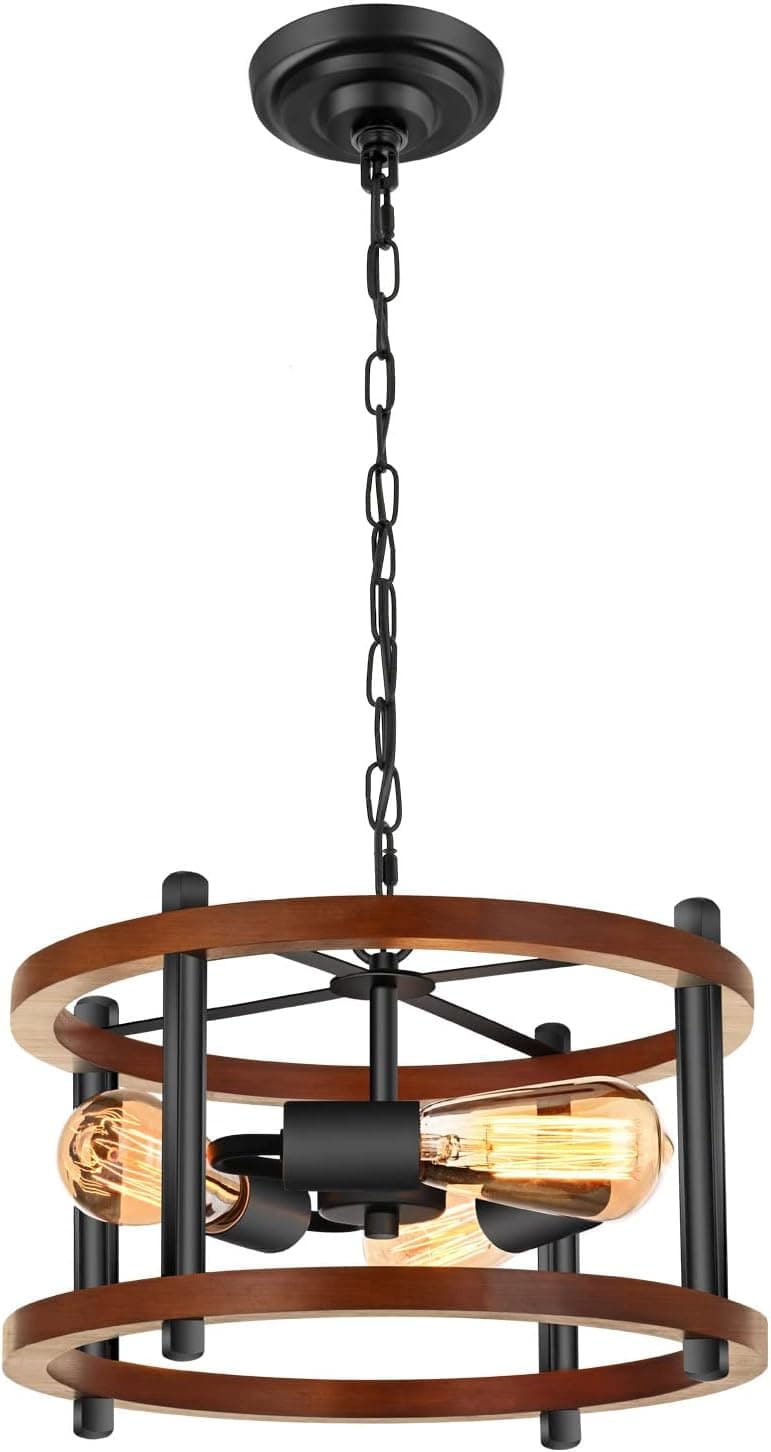 3-Light Farmhouse Pendant Lights Kitchen Island, Black Semi Flush Mount Ceiling Lamp Dining Room Lightting Fixture, Industrial Rustic Wood Hanging Chandelier for Over Sink,Hallway, Entryway