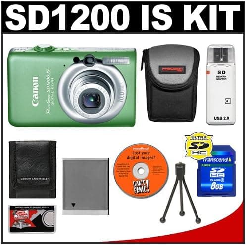 Canon PowerShot SD1200 IS Digital ELPH Camera (Green) + 8GB SD Card + Case + NB-6L + Accessory Kit