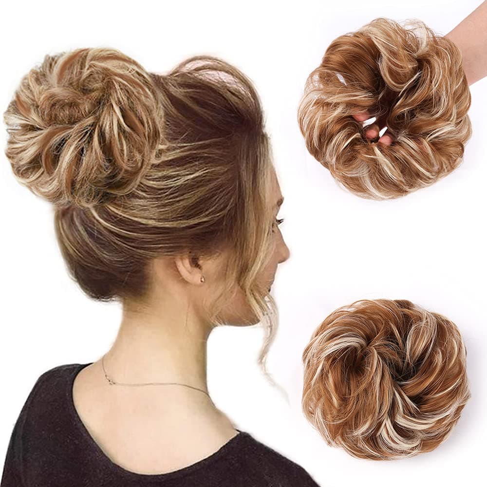 Gx Beauty Messy Hair Bun Hair Scrunchies Extension Curly Wavy Messy Syntheti Scrunchies Hairpiece Suitable for Women Daily Use (Mixed Dark Brown Gold#）