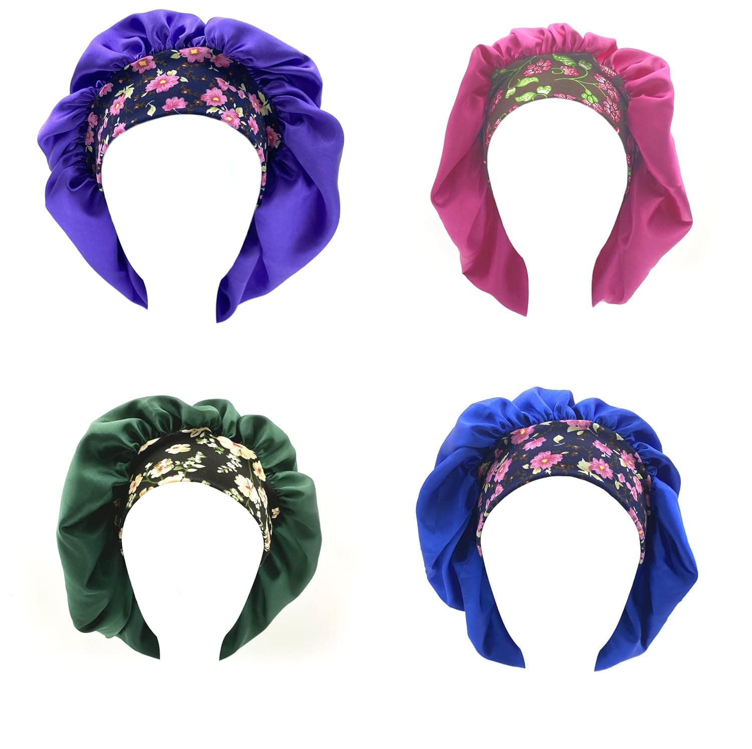 JIN JIN 4 Pcs Satin Sleep Cap, Soft Bonnets for Women Hair Bonnet Cover.Sliky Luxurious Fabric Premium Elastic Wide Band Haircare Loss(royal blue, purple, rose and dark green), 4 Count (Pack of 1)