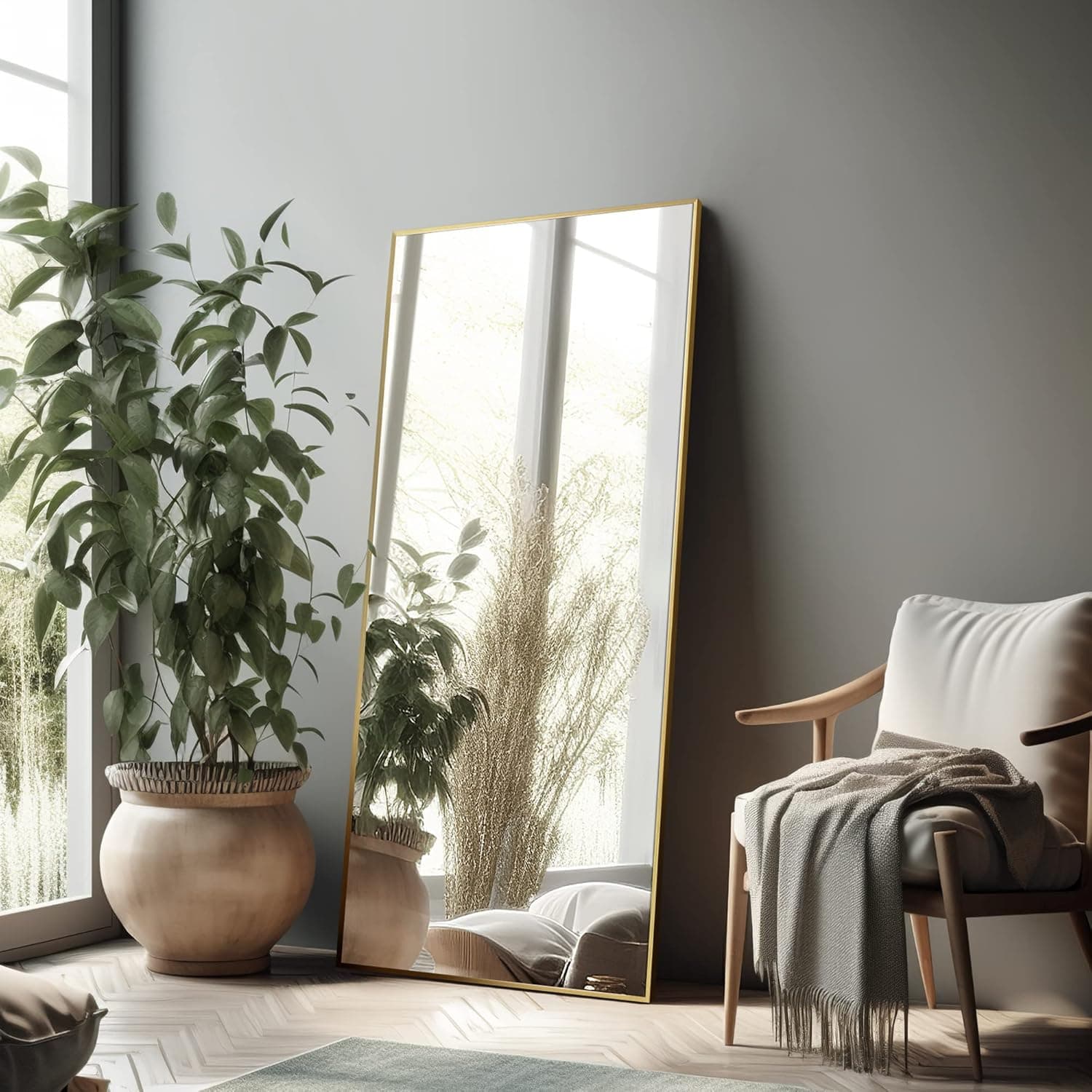 NeuType Full Length Mirror Wall Mirror, Large Floor Mirror Full Body Dressing Mirror, Long Mirror Bathroom Mirror Standing Mirror, Large Mirrors for Bedroom, Metal Frame, Gold 47"x22" No Stand