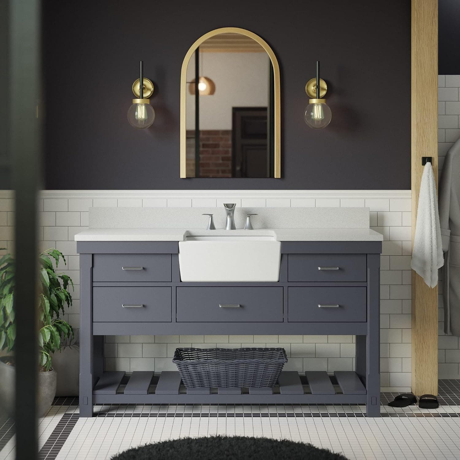 Charlotte 60-inch Single Bathroom Vanity (Quartz/Charcoal Gray): Includes a White Quartz Countertop, Charcoal Gray Cabinet with Soft Close Drawers, and White Ceramic Farmhouse Apron Sink