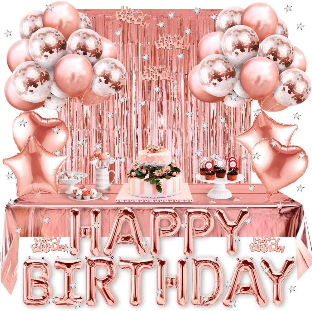 Rose Gold Birthday Party Decoration, Happy Birthday Banner, Rose Gold Fringe Curtain, Foil Tablecloth, Heart Star Foil Confetti Balloons Plus 10g Table Confetti for Girl Women Birthday Party
