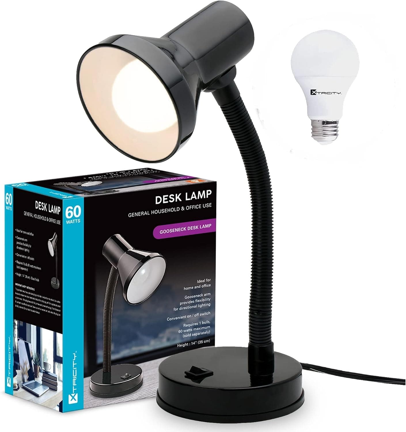 Xtricity Gooseneck Desk Lamps with Adjustable Gooseneck Arm, Metal Desk Lamp with 7W A19 LED Bulb, 120 Volt, Convenient On/Off Switch, 14" Inch Tall (36cm), Black Finish