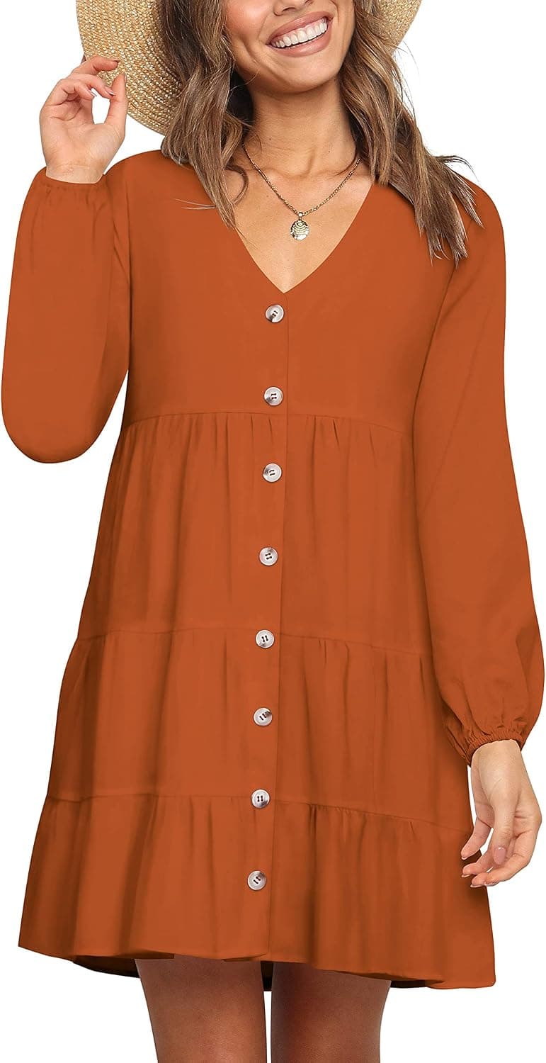 PeoKia Women Casual Summer Tunic Dresses Long Sleeves Polka Dot Ruffle Babydoll Dress Flowy Swing Mini Dress