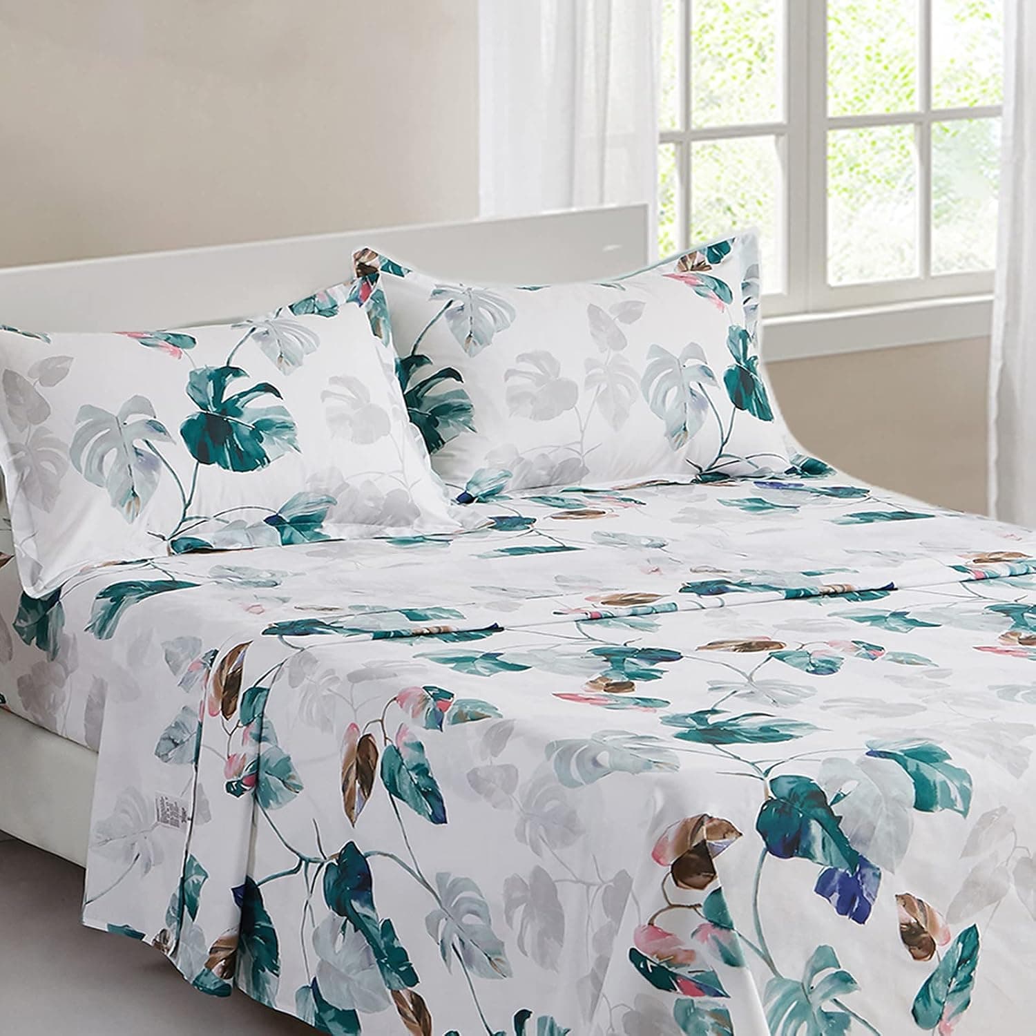 Floral Sheet Set Full,4 Pieces 100% Cotton Botanical Leaves Printed Bedding Sheets with Pillowcases Soft Microfiber Flat Sheets Full Size(1 Fitted Sheet,1 Flat Sheet,2 Pillowcases)