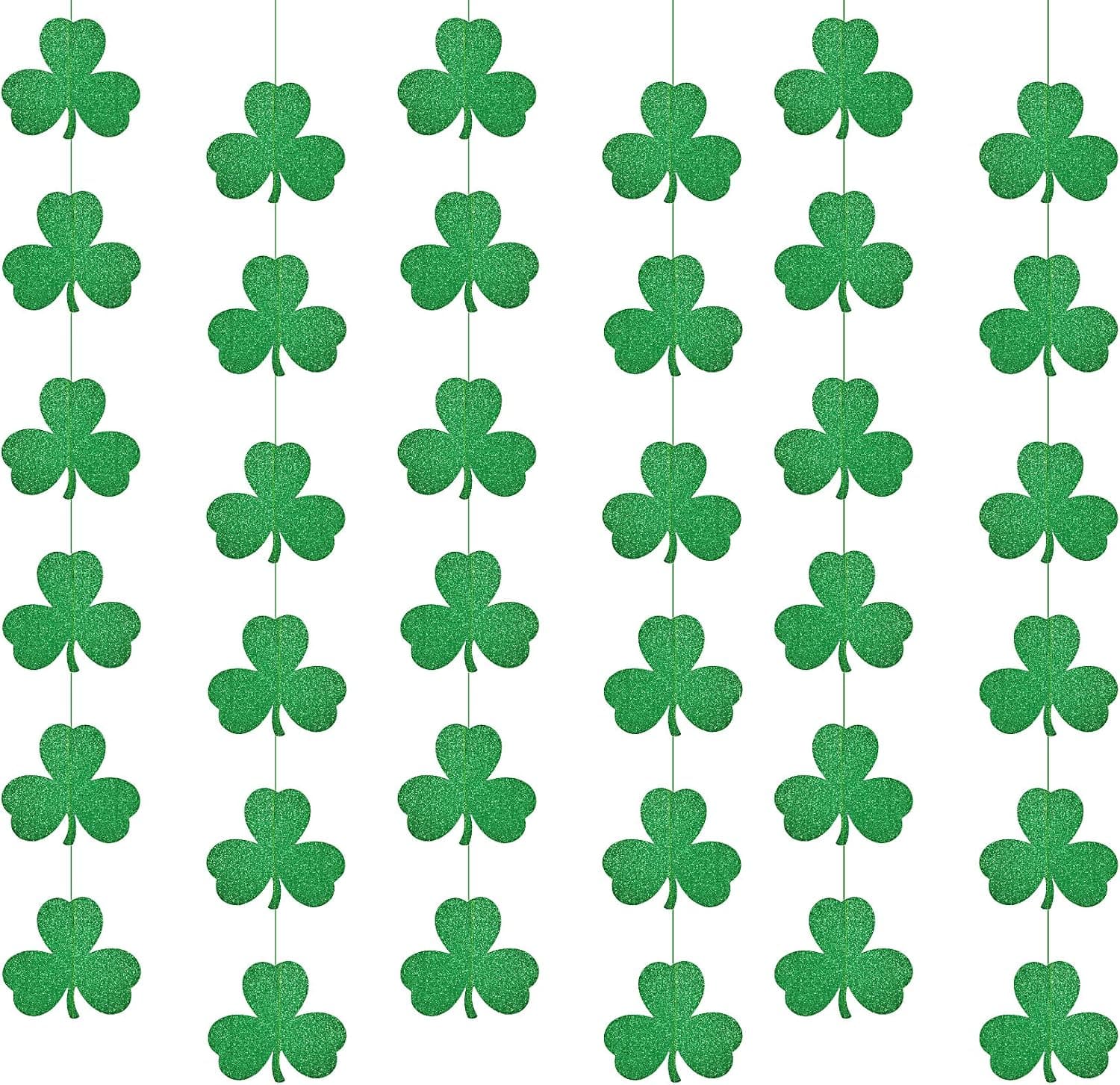 St. Patrick’s Day Green Glitter Shamrock Garland Decor, UNIIDECO Saint Pattys St Patricks Day Party Decorations Accessories, Vintage Irish Paper Shamrocks Banner for Mantle, Classroom Office Crafts