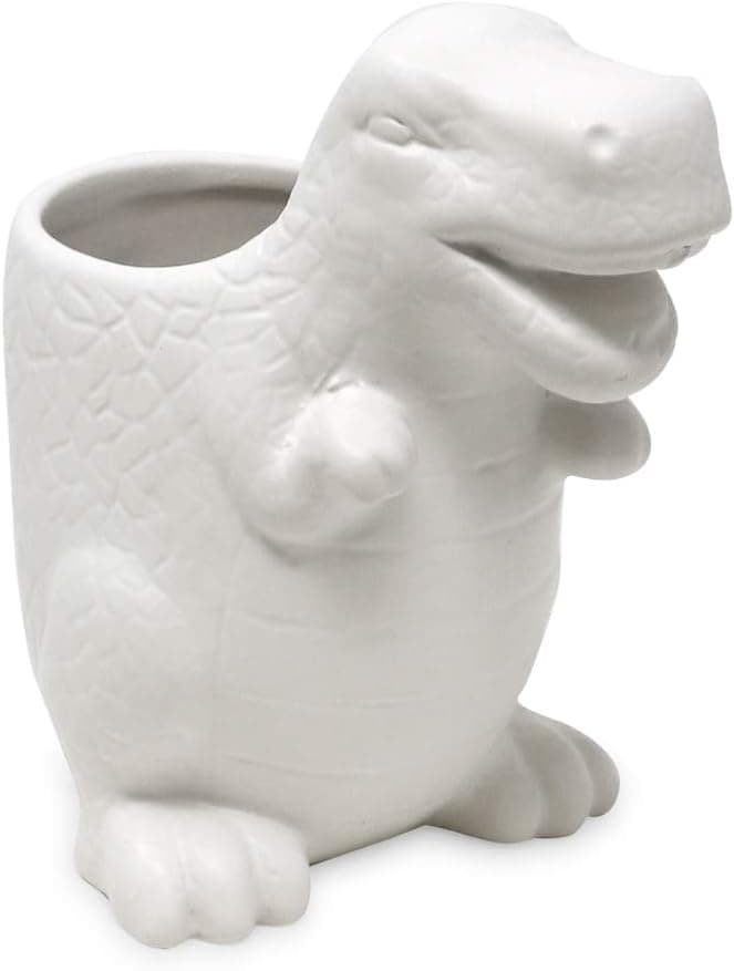 Isaac Jacobs White Ceramic Dinosaur Cup, Toothbrush Holder, Multi-Purpose Organizer, – Great for Toiletries, Bathroom, Kitchen, Crafts, Desk, Novelty Bathroom Accessory (Single Cup, White)