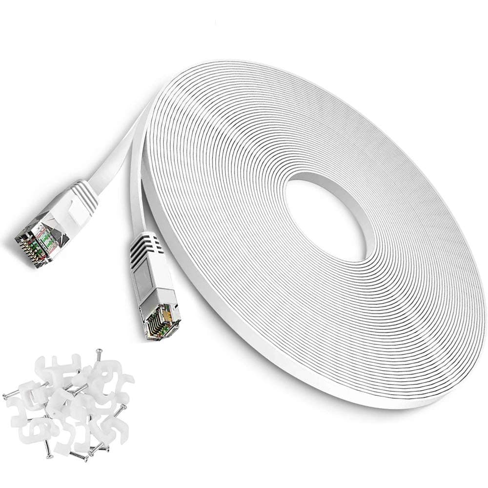 Cat 6 Ethernet Cable 35 ft White, Flat Slim Internet Network LAN Patch Cords, Solid High Speed Computer Wire with 20pcs Cable Clips for Router, Modem, Faster Than Cat5e/Cat5, 35 Feet White