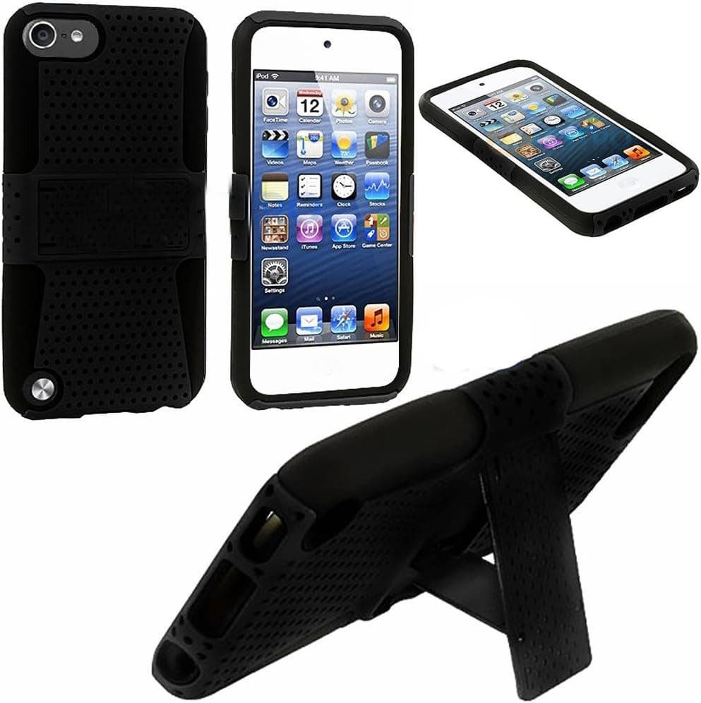 myLife Classic Black Layered Survivor (Built In Kickstand) Hybrid 2 Layer Case for Apple iPod 5 (5G) 5th Generation iTouch (Internal Silicone Bumper Flex Gel + External Fit Piece Rubberized Mesh Armor Grip On Protector)