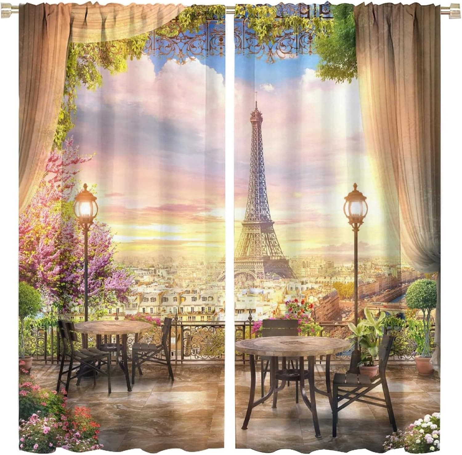 Paris Eiffel Tower Curtain, Eiffel Tower Pink Floral Flower Oil Painting Aesthetic France Colorful Noise Reduction Curtainfor Teen Thermal Insulated Darkening Room Curtains Window Curtain 2 Panels 63
