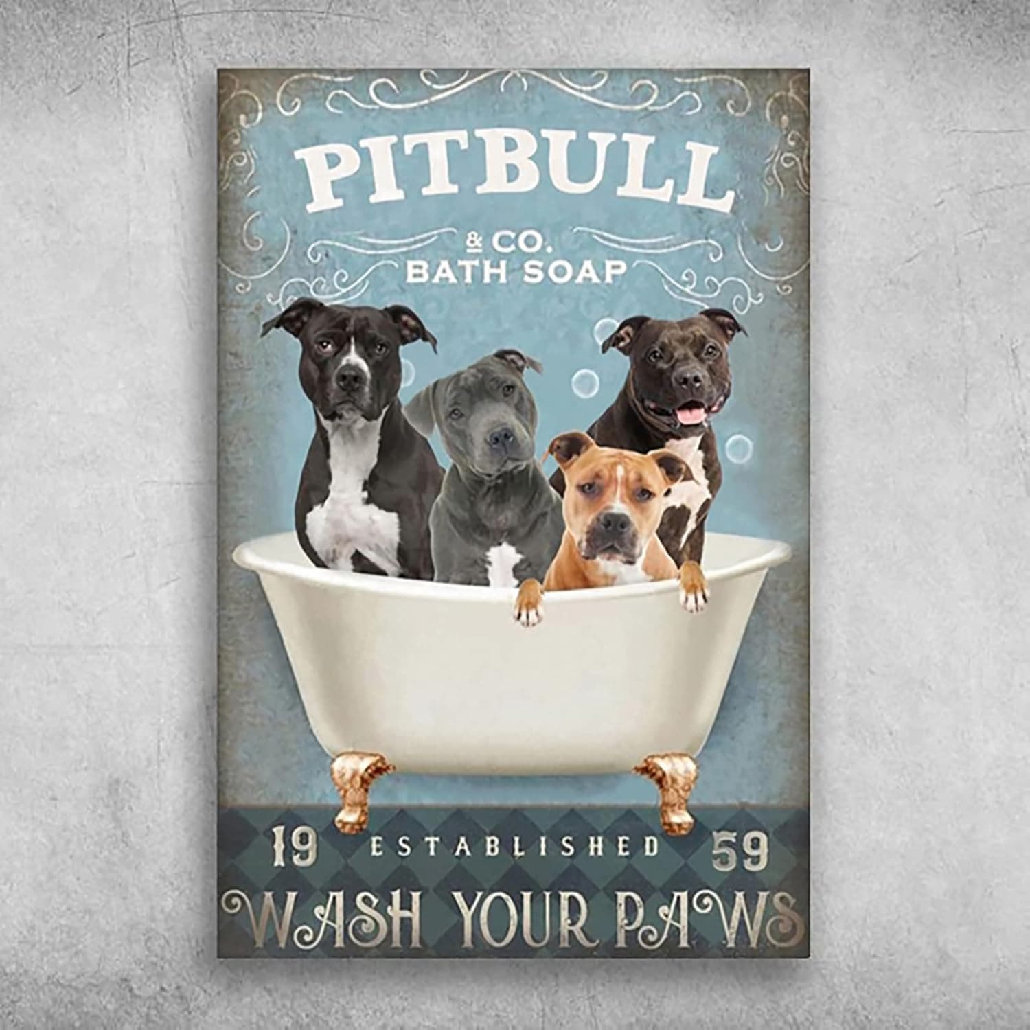 Wash Your Paws Bathroom Sign Fancy Pitbull Bath Soap Established Poster Wall Art Canvas Prints Cute Animal Vintage Canvas Painting 1959 Art Poster Rustic Wall Decorations for Bathroom Art Paintings Retro Home Wall Decor Best Art Gift for Women Men,12"x18" No Frame