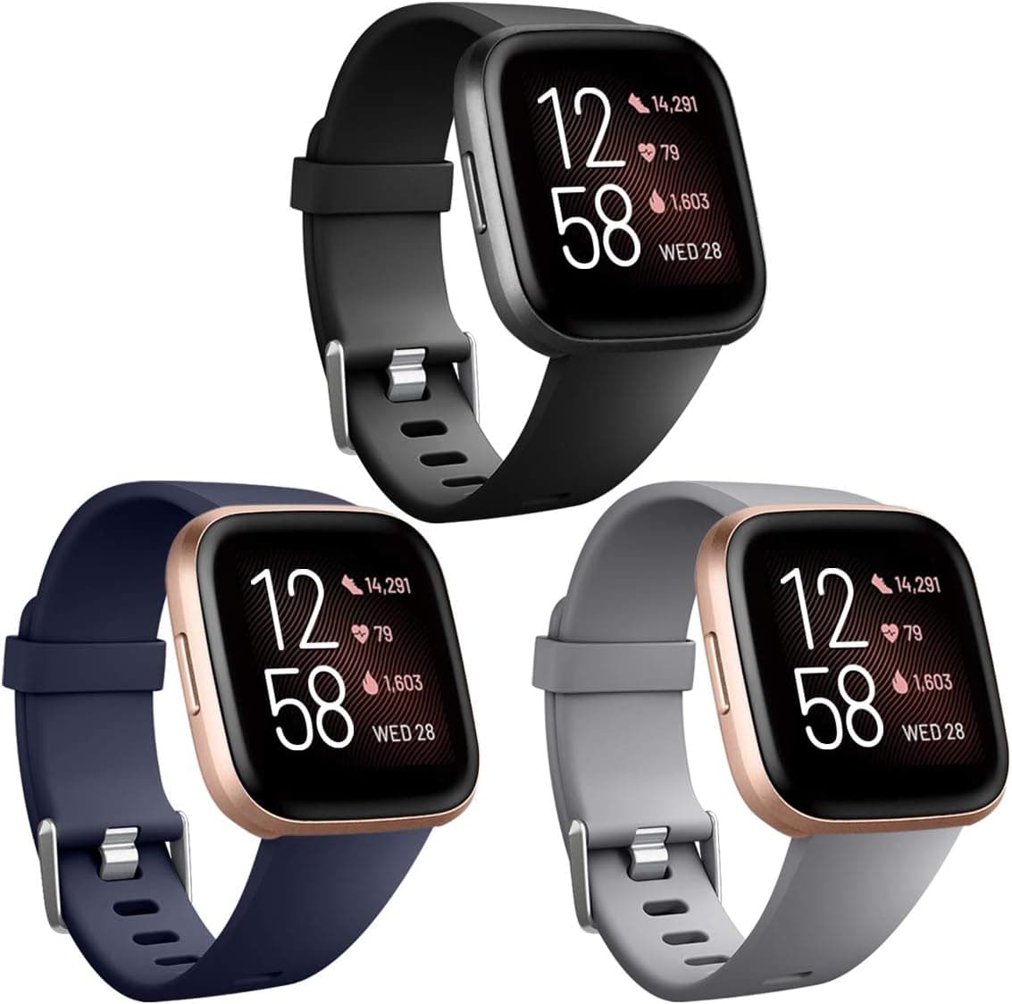 Maledan Compatible with Fitbit Versa Watch/Versa Lite SE/Fitbit Versa 2 Bands for Women Men, Large, 3 Packs Black/Blue/Gray
