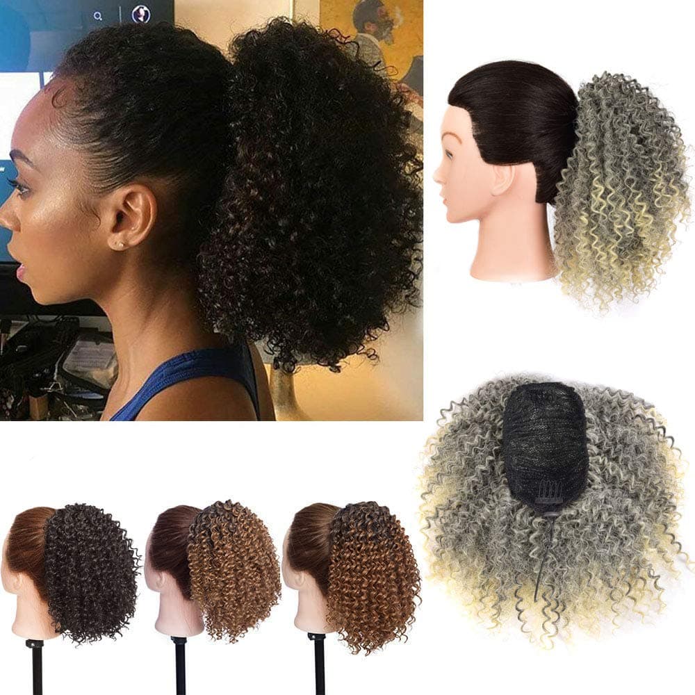 Short Afro Curly Ponytail Drawstring Ponytail Hair Extension Synthetic Jerry Curly Ponytail Clip in Hairpiece for Black Women (T1B/613)