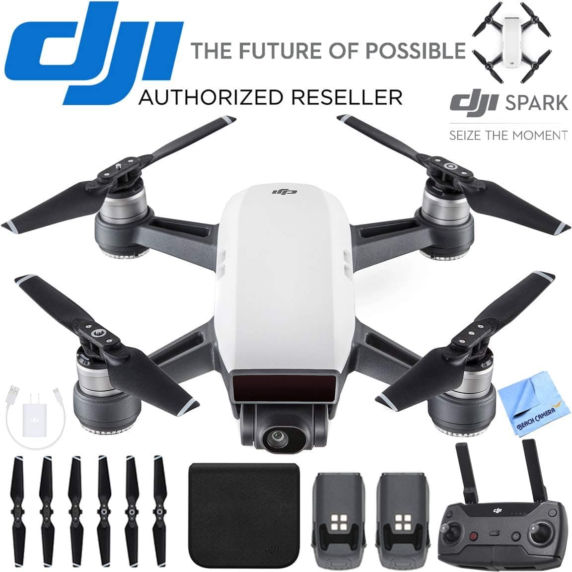 DJI CP.PT.000731 SPARK Portable Mini Quadcopter Drone Alpine White With Remote Bundle with Spark Drone Intelligent Flight Battery and Cleaning Cloth