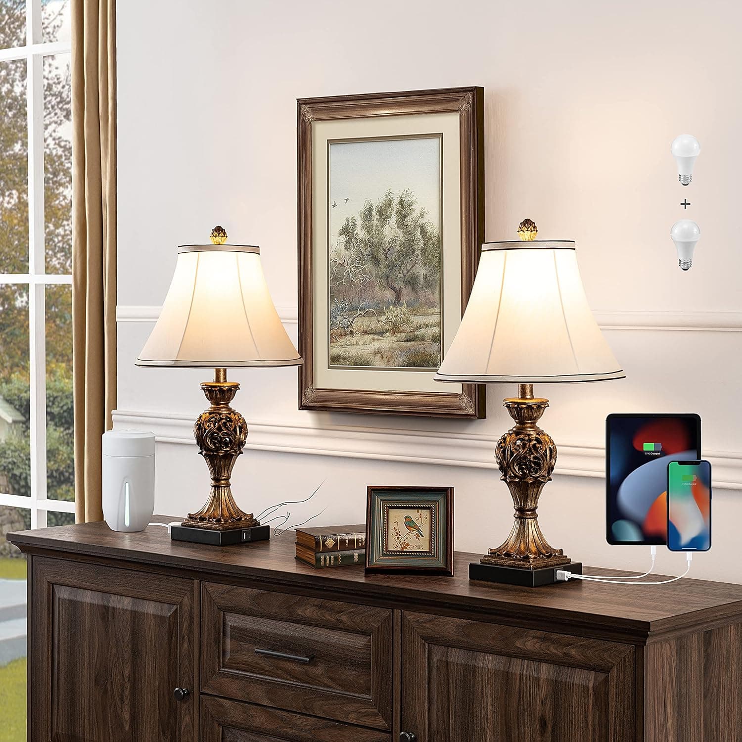 KAWOTI 3-Way Touch Control Traditional Table Lamp Set of 2 with USB Charging Ports and AC Outlet 23" Tall Classic Vintage Table Lamp Set with Amber Fabric Shade (Bulbs Included)