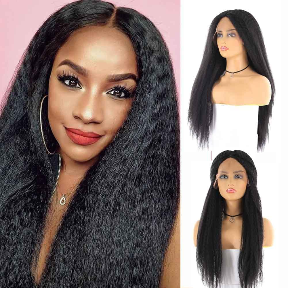 X-TRESS Afro Kinky Straight Black Curly Wigs 26 Inch Long Swiss Lace Front Pre Plucked High Temperature Synthetic Wig with 5 Inch Deep Parting Space for Black Women 1B