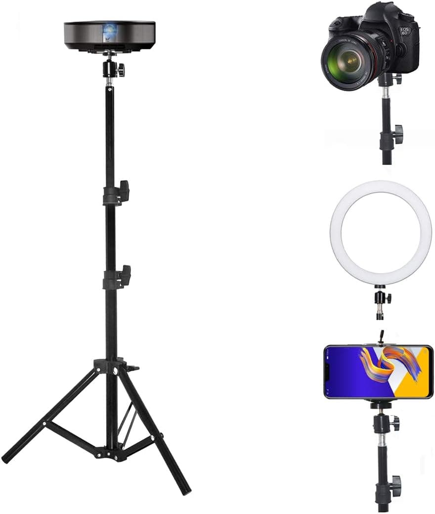 Lightweight Portable Tripod Stand for Mini projectors, webcams, self-Small Cameras,Timer Ring Lights, Height from 18" to 39" Floor Stand, with 360° rotatable Mini Ball Head, Smartphone clamp Mount