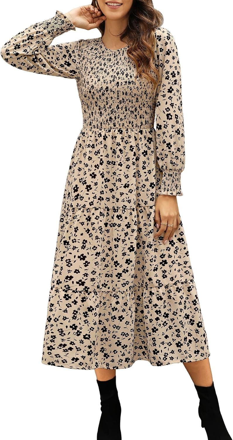Maggeer Women Fall Long Sleeve Smocked Bodice and Cuffs Floral Tiered Midi Dress with Pockets