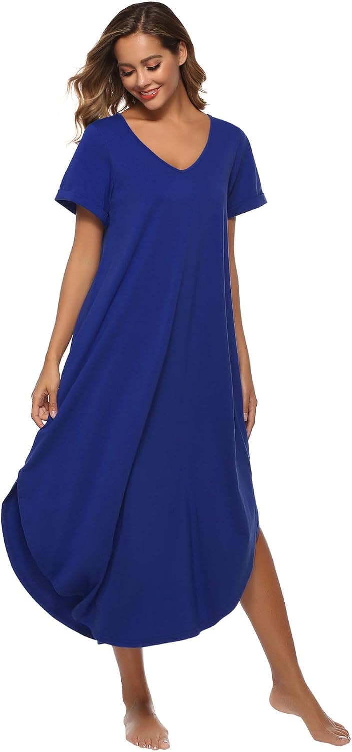 Alletya Women's Casual Night Dress V Neck Long Night Shirt Short Sleeve Nightgown Cotton Sleep Shirt Sleepwear Pajama S-XXL