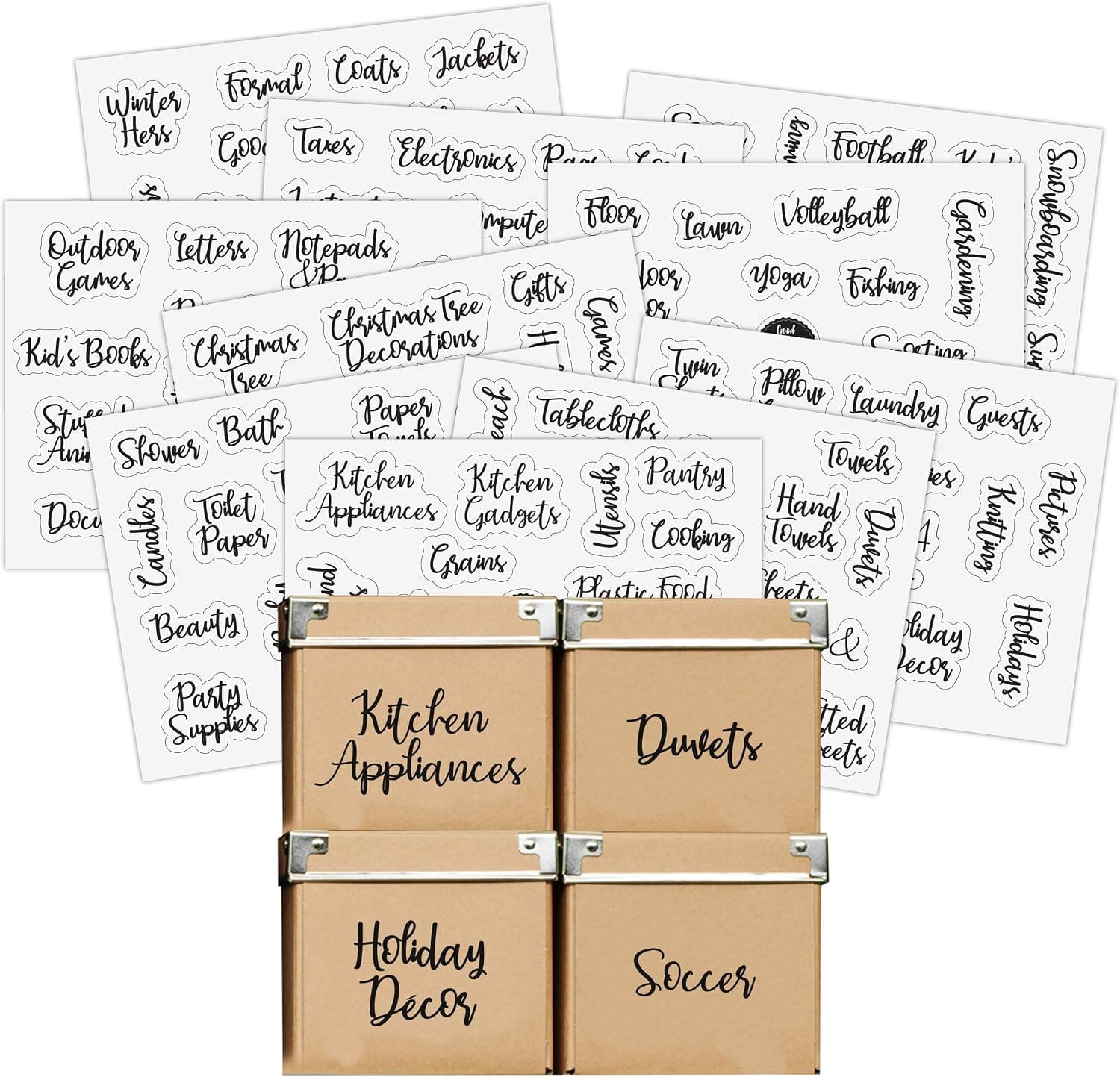 Good Karma Studio 150 Labels for Storage Bins + 15 Blank Labels, Household Labels, Farmhouse Font, Linen Closet, Home Office, Kids', Garage