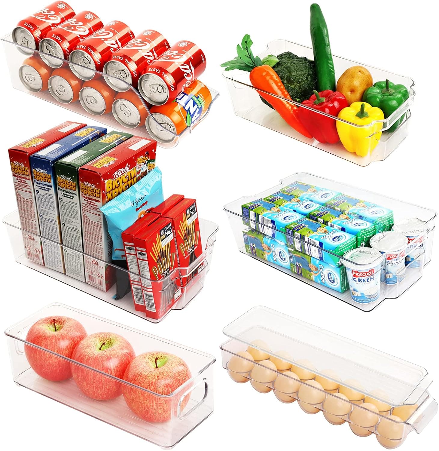 Set of 6 Fridge Organizer Bins, Pantry, Cabinet, Refrigerator, Food Storage Organizing Bin Basket with Handles, Ideal for Fruit, Vegetables, Eggs, Yogurt, Snacks, Milk, Drink bottles